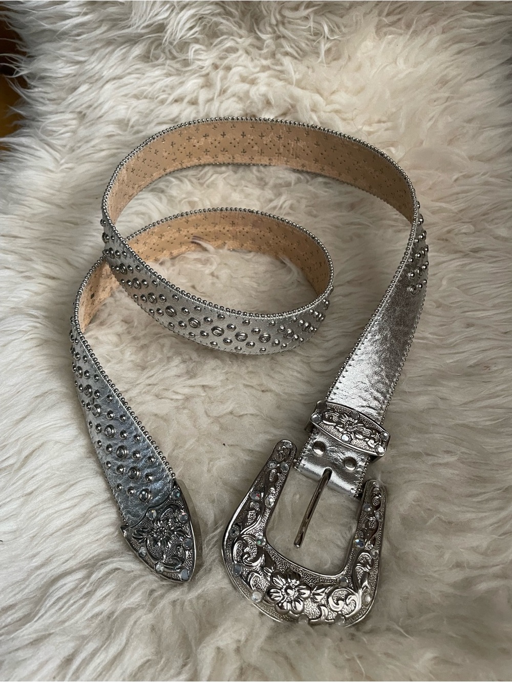 Unisex Silver Leather Rhinestone Belt XL